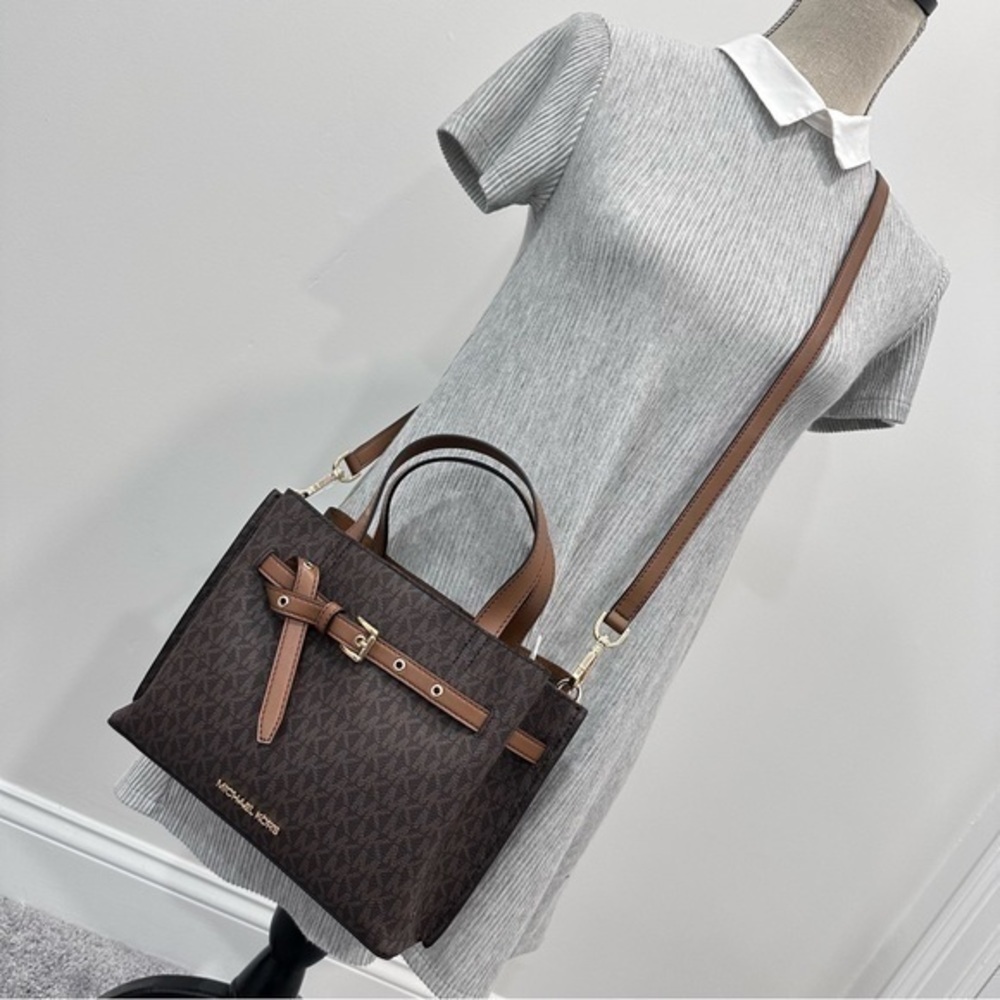 New Michael Kors Emilia Small Logo Printed Canvas Satchel Bag in Brown - Picture 4 of 12